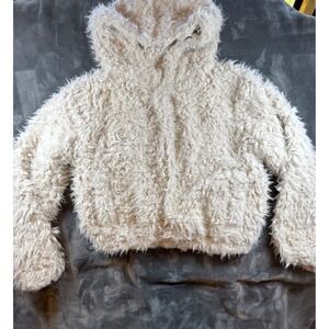 RSQ super Soft Fuzzy Faux Fur Hooded Cropped Teddy Bomber Jacket Cream X-Small